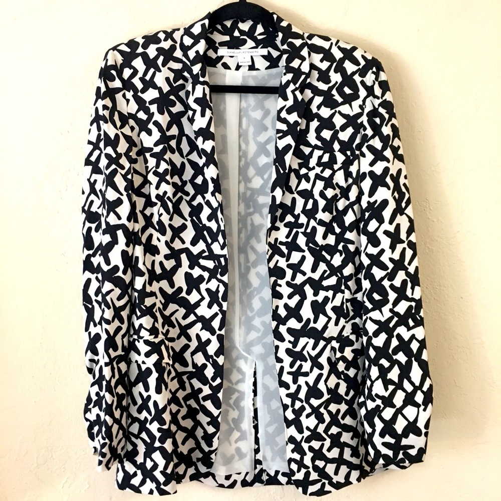 Diane Von Furstenburg Blazer 6 Black White Open Front Business 100% Silk
